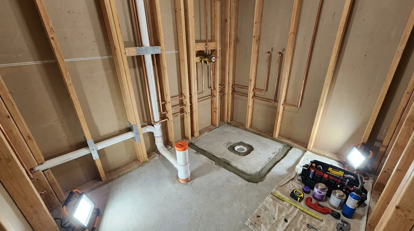 Bathroom rough-in plumbing during remodel by Johns Plumbing LLC in Los Alamos