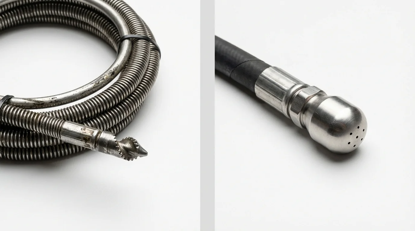 Drain snake cable and hydro jetting nozzle used for drain cleaning in Los Alamos, NM