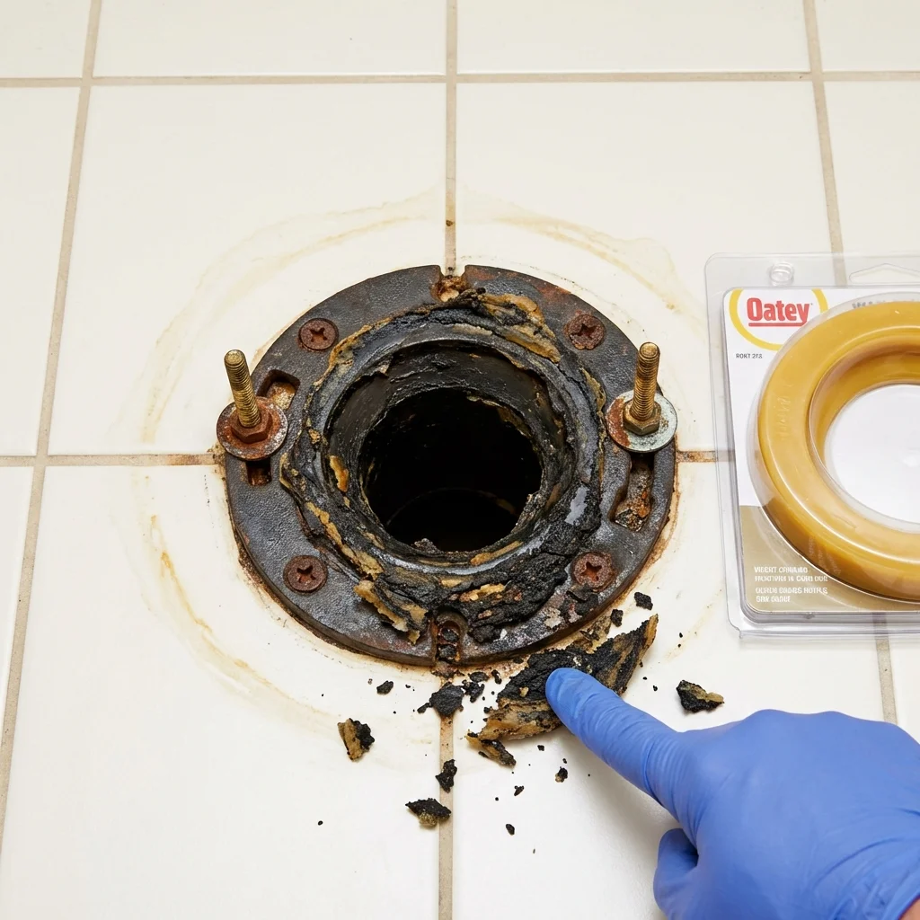Failed wax ring showing water seepage at the base of a toilet in a Los Alamos, NM home