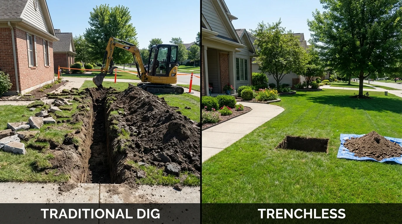 Trenchless sewer repair with minimal yard damage versus traditional excavation in Los Alamos, NM
