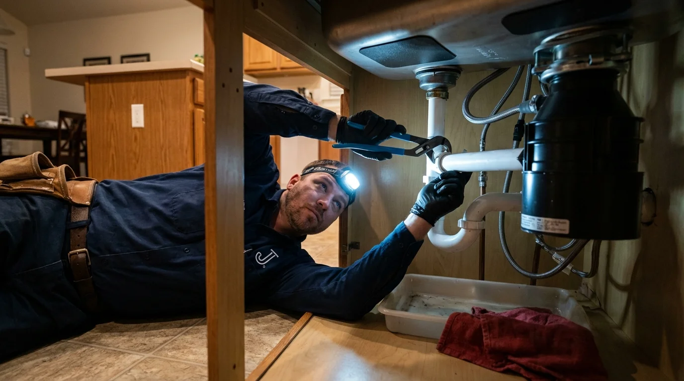 P-trap and supply line connections under a kitchen sink showing a common leak point in Los Alamos, NM